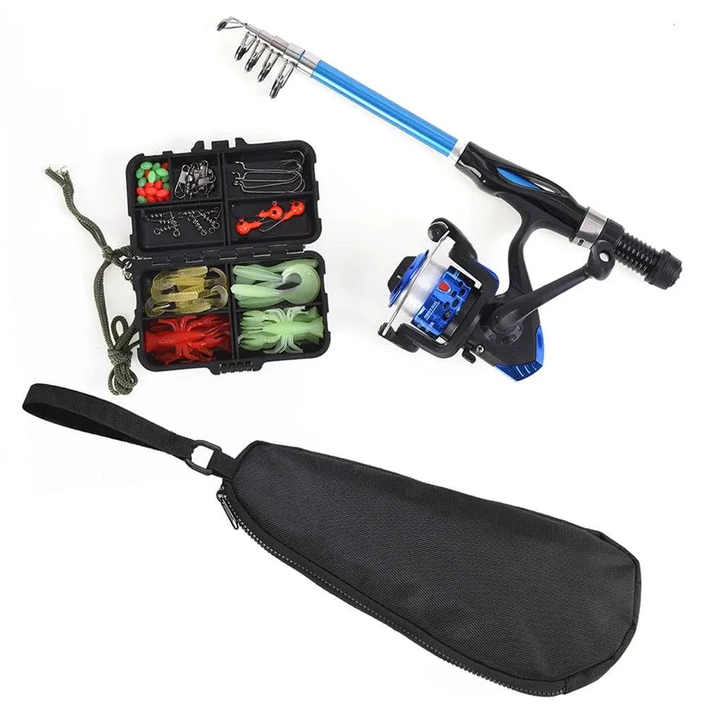 1.3m/1.5m Telescopic Fishing Rod Spinning Reel Combo Full Kit with Hooks Soft Lures Barrel Swivels Storage Bag