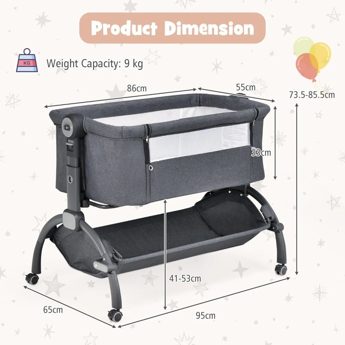 3-in-1 Portable Baby Bedside Crib Sleeper with wheels-Grey