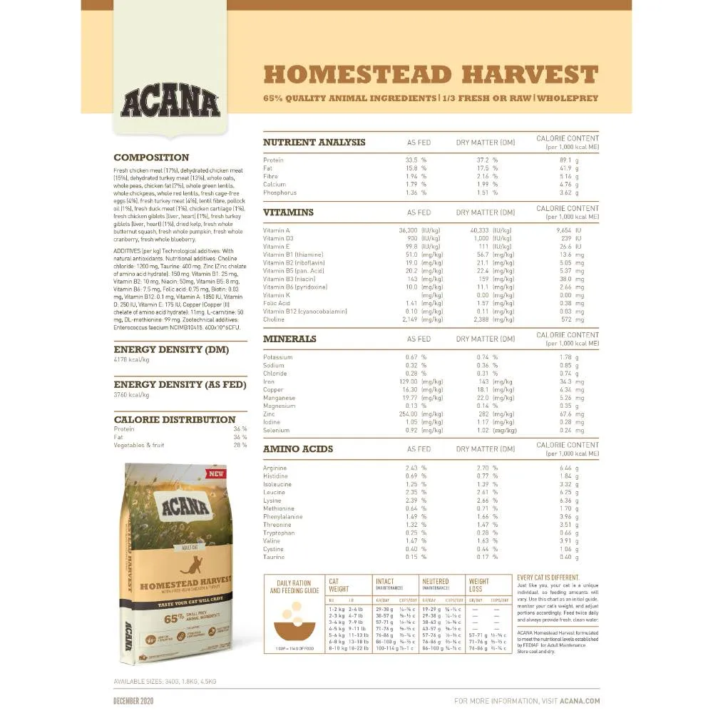 ACANA Homestead Harvest Dry Cat Food - Grain-Free and Coated with Freeze-Dried Ingredients