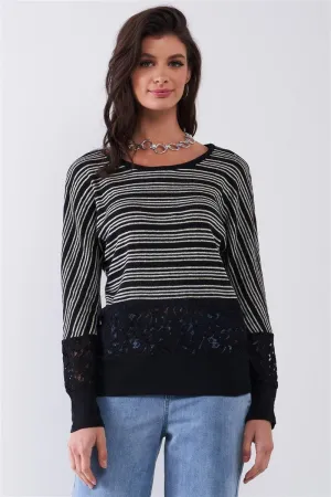 Black Striped Glitter Long Sleeve Sweater Top