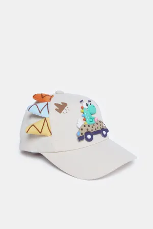 Boys Beige Dino Embellished Cap