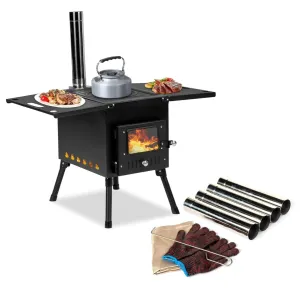 cozy Camping Wood Stove, Outdoor Portable Tent Wood Burning Stove with Stainless Chimney Pipes, Tent Stove Jack & Gloves for Outdoor Camping Cooking and Heating 3-4 People Use(Black)