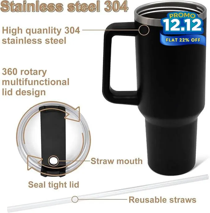 HydraMate 40oz Vacuum Tumbler with Straw - Black