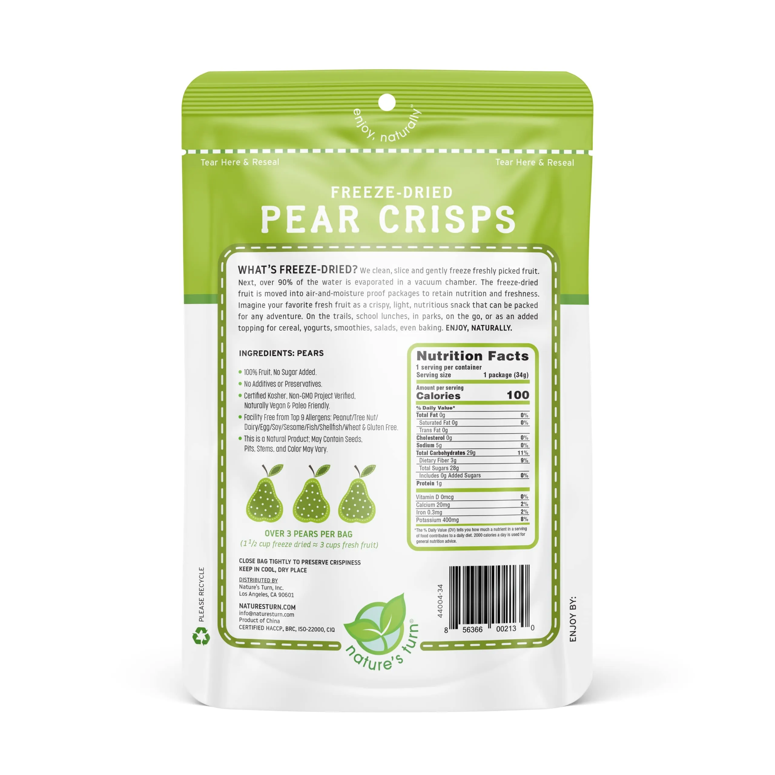 Nature’s Turn Freeze-Dried Fruit Snacks, Pear Crisps - Pack of 6 (1.2 oz Each)