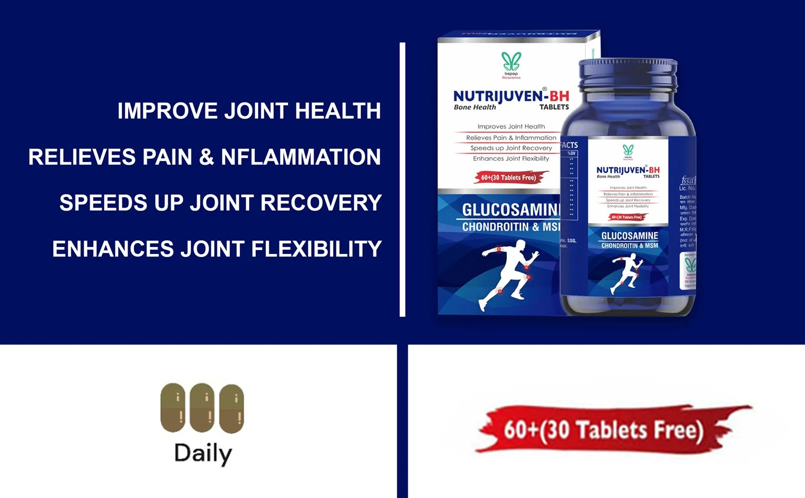 Nutrijuven I BH Bone Health I Combination of Divine Herbs & Modern Science I Glucosamine I Chondroitin & MSN  I Relieves Pain I Inflammation I Speed up joint Recovery I Enhances joint Flexibility I 60  (30 Tablets Free)