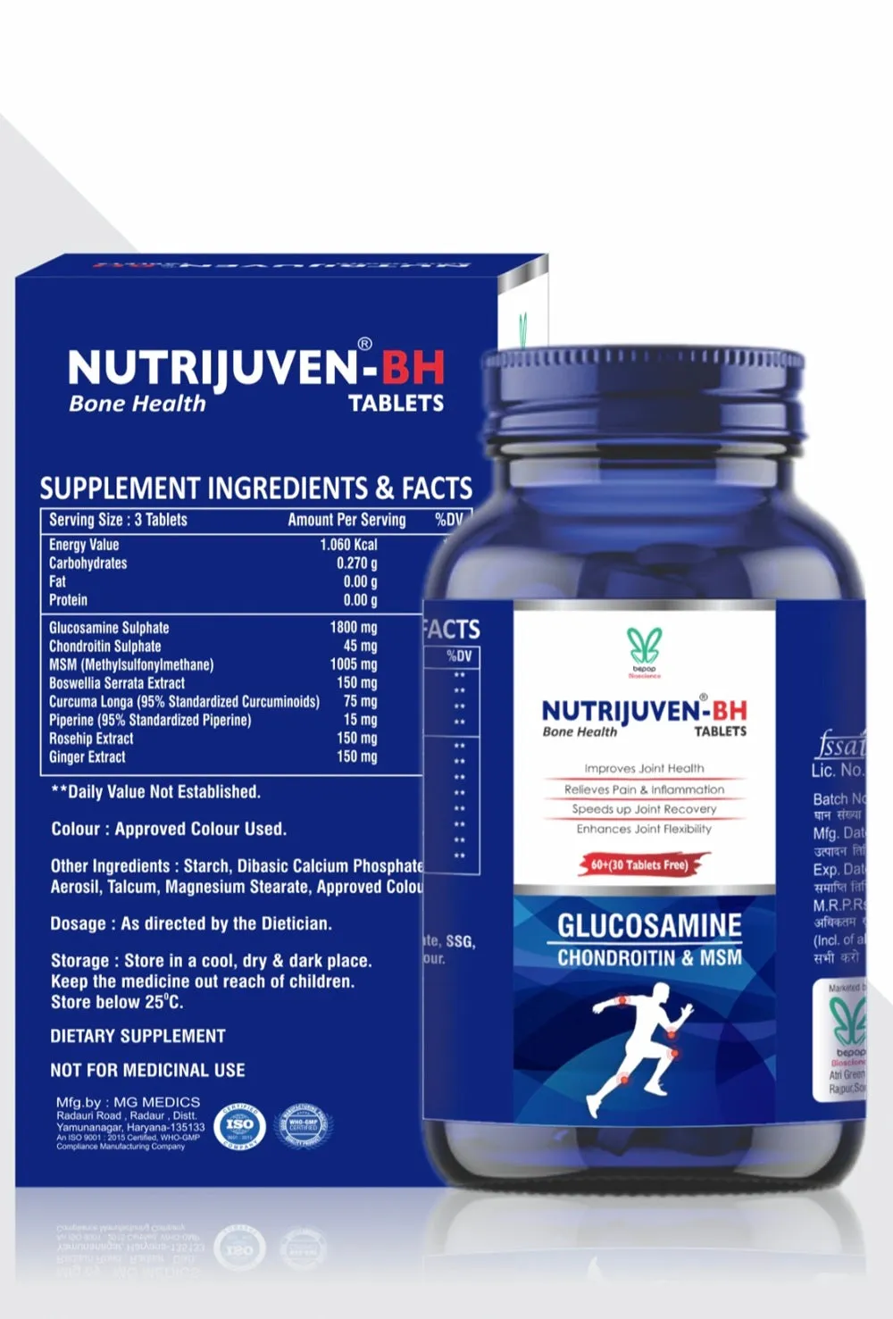 Nutrijuven I BH Bone Health I Combination of Divine Herbs & Modern Science I Glucosamine I Chondroitin & MSN  I Relieves Pain I Inflammation I Speed up joint Recovery I Enhances joint Flexibility I 60  (30 Tablets Free)