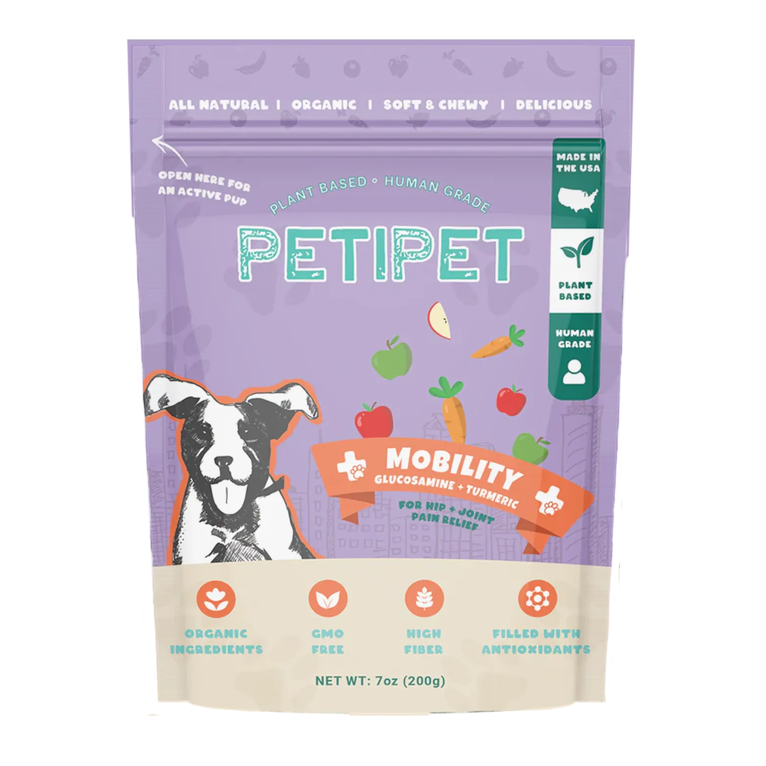 Petipet Mobility Bites with Glucosamine   Turmeric Apple & Carrot Flavored Soft Chew Hip & Joint Supplement for Dogs, 7-oz bag