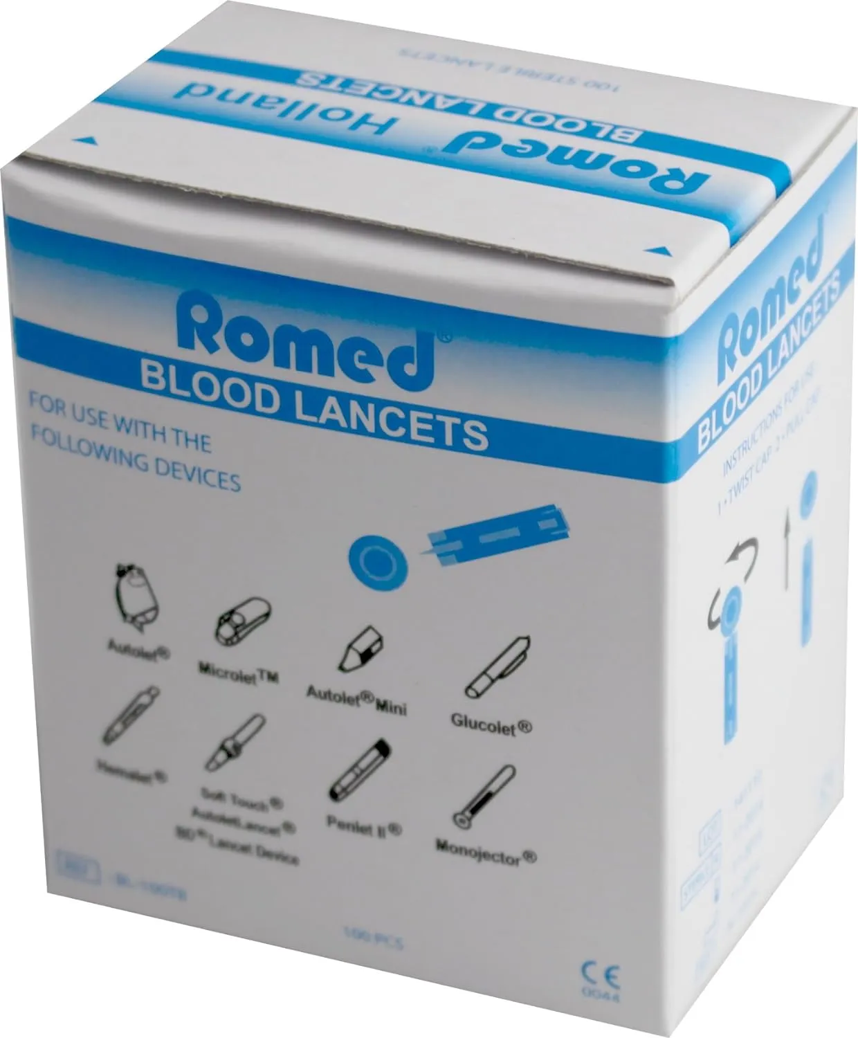 Romed Tri-Bevel Blue Blood Lancets - 100 Sterile Pieces for Precise Blood Glucose Testing