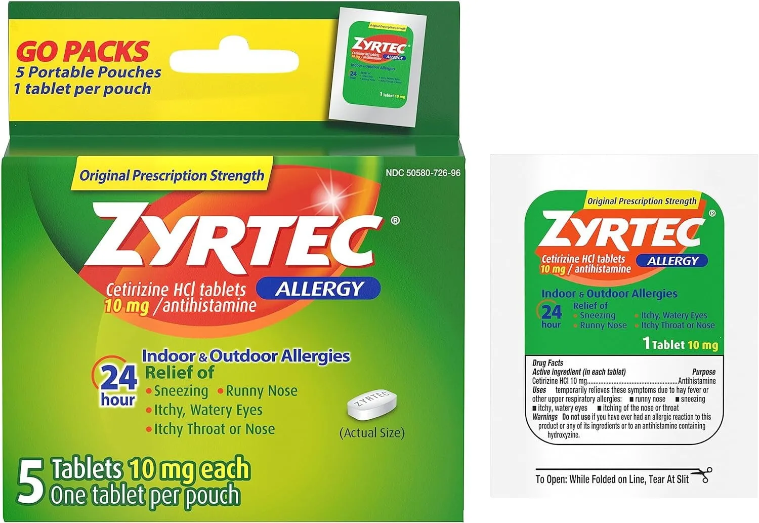 Zyrtec 24 Hour Allergy Relief Tablets, Cetirizine HCl, 5 Ct, (5 x 1 Ct)